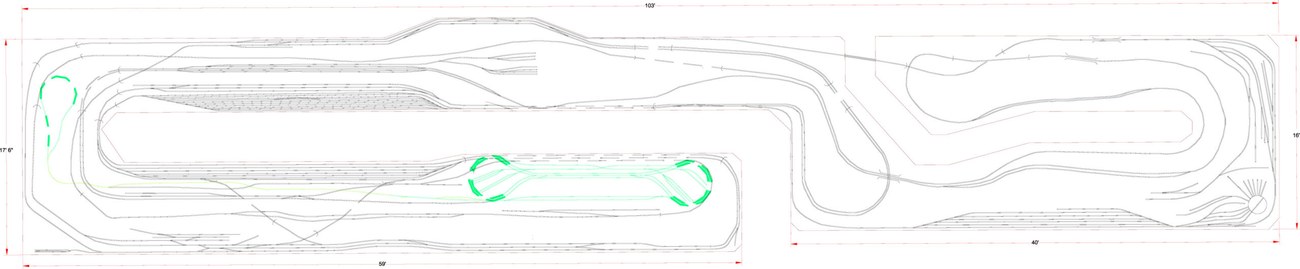 Overview of a detailed racetrack layout featuring multiple curves and straights, illustrating pathway design and dimensions for racing applications.